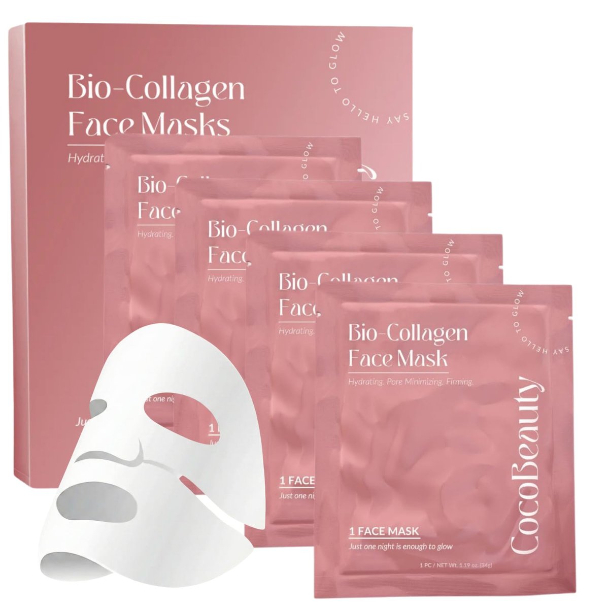 COCOBEAUTY Collagen Sheet Mask – Feuchtigkeitsspendende koreanische Gesichtsmaske gegen feine Linien & Anti-Aging, tiefe Feuchtigkeit, strahlender Haut-Boost, Bio-Collagen-Gesichtsmasken (4er-Pack)