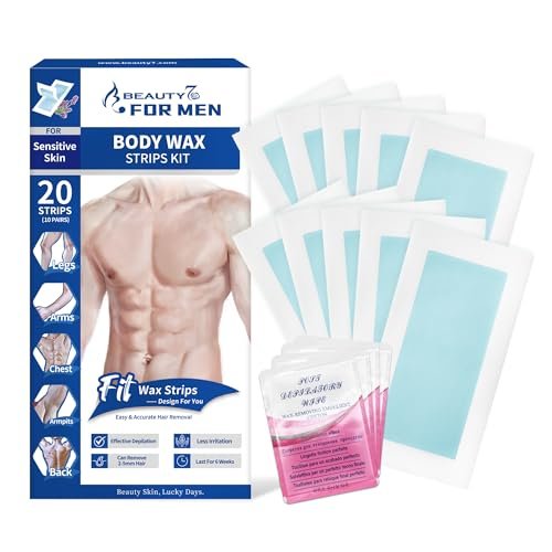 Beauty7 Enthaarungsstreifen für Männer, Körper- und Gesichtshaarentfernung, 20 Streifen + 4 beruhigende Öltücher