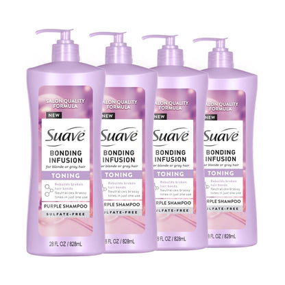 Suave Bonding Infusion Lila-Tönungsshampoo – Neutralisiert Gelbstiche in blondem oder grauem Haar & repariert geschädigte Haarverbindungen, 28 oz Flasche, 4er-Pack