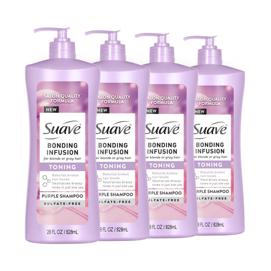 Suave Bonding Infusion Lila-Tönungsshampoo – Neutralisiert Gelbstiche in blondem oder grauem Haar & repariert geschädigte Haarverbindungen, 28 oz Flasche, 4er-Pack