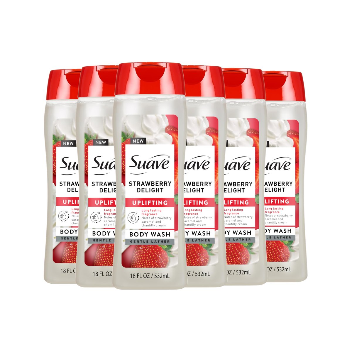 Suave Strawberry Delight belebendes Duschgel – mit Glycerin und Vitamin E für Feuchtigkeit und sanfte Reinigung, 18 oz, 6er-Pack