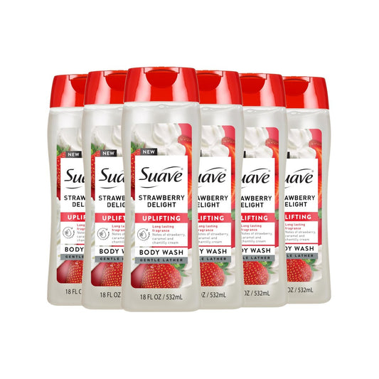 Suave Strawberry Delight belebendes Duschgel – mit Glycerin und Vitamin E für Feuchtigkeit und sanfte Reinigung, 18 oz, 6er-Pack