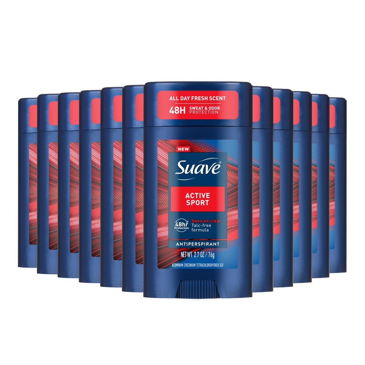 Suave Active Sport Herren Antitranspirant Deodorant, Bergamotte & Holz Duft, 48h Schutz, 2,7 oz, 12er Pack