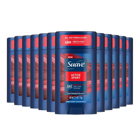 Suave Active Sport Herren Antitranspirant Deodorant, Bergamotte & Holz Duft, 48h Schutz, 2,7 oz, 12er Pack