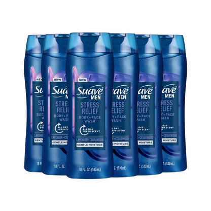 Suave Men Stress Relief Duschgel + Gesichtsreinigung, Sanfte Feuchtigkeitspflege mit Lavendel & Zedernholz, 24h Frischeduft, 18 oz, 6er-Pack