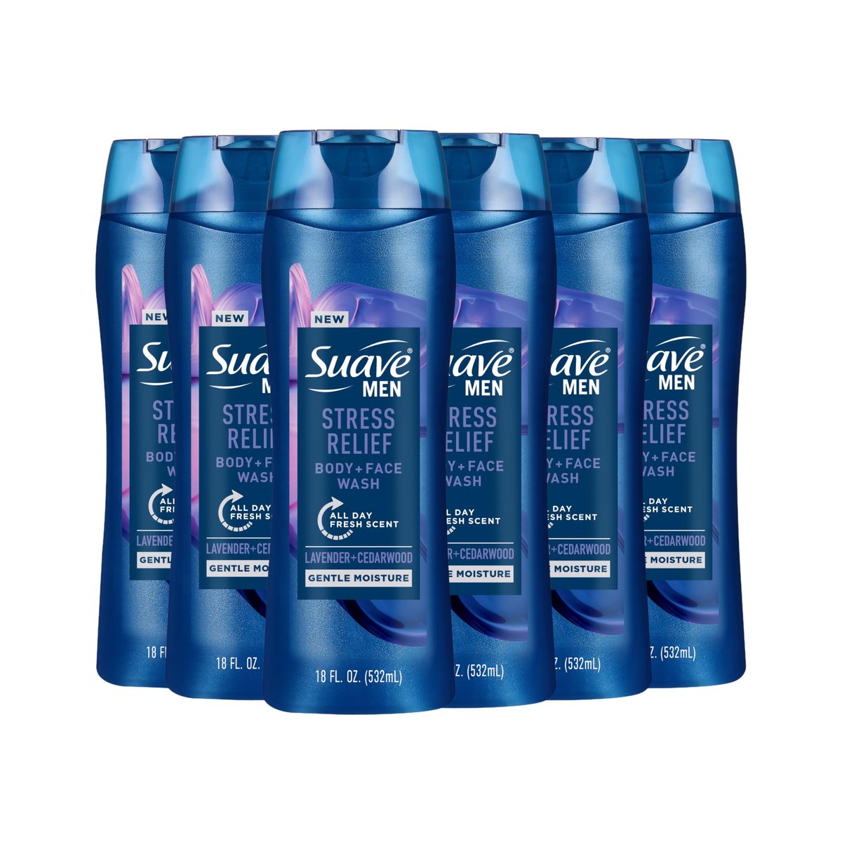 Suave Men Stress Relief Duschgel + Gesichtsreinigung, Sanfte Feuchtigkeitspflege mit Lavendel & Zedernholz, 24h Frischeduft, 18 oz, 6er-Pack