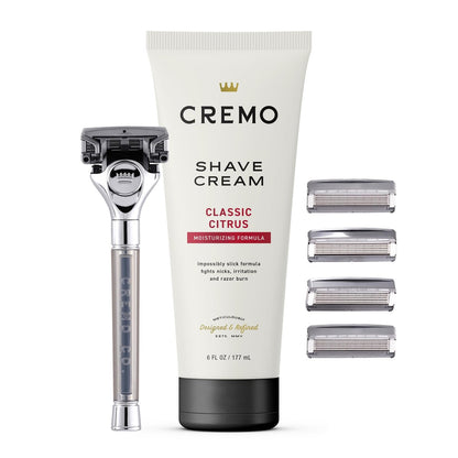 Cremo Original Rasier-Set für Herren – Rasiercreme 177 ml, Rasierer aus Chrom in Barbershop-Qualität und 4 Klingen