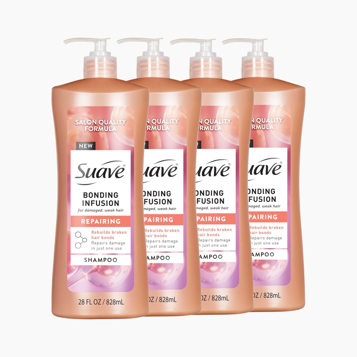 Suave Bonding Infusion Reparatur-Shampoo, pH-ausgeglichen, mit Aminosäuren und Zitronensäure, für geschwächtes oder geschädigtes Haar, 28oz Pumpflasche, 4er-Pack