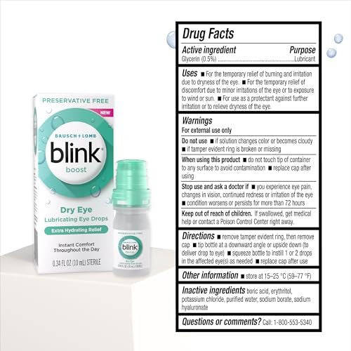 BLINK Boost Tränenersatzmittel ohne Konservierungsstoffe – Befeuchtende & beruhigende Augentropfen bei milden trockenen Augen mit Hyaluronat – Kontaktlinsenverträglich – 0,34 Fl Oz