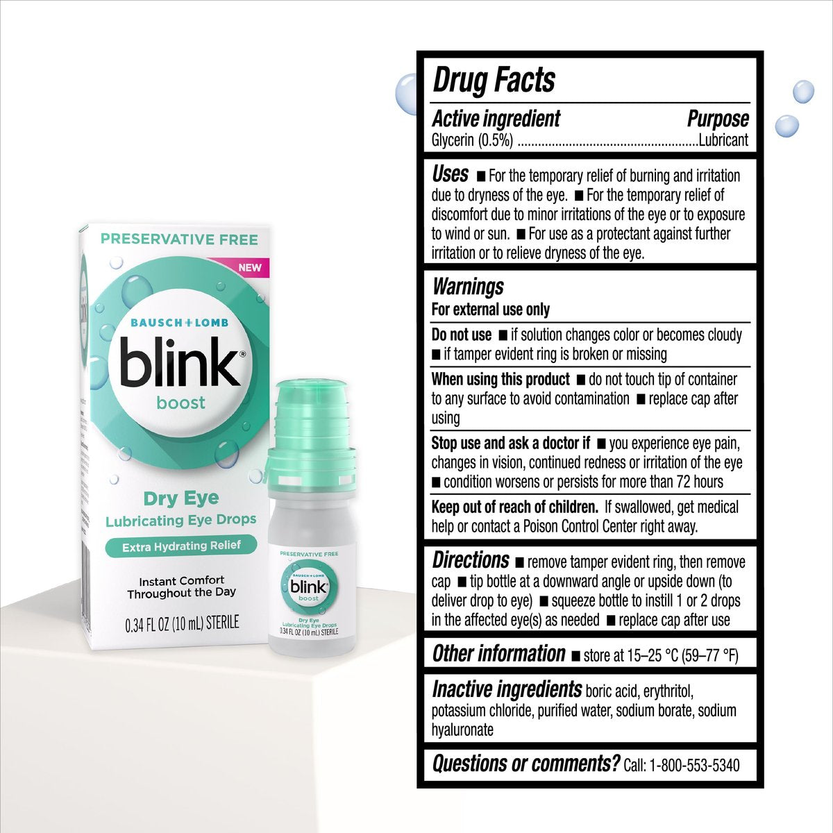 BLINK Boost Tränenersatzmittel ohne Konservierungsstoffe – Befeuchtende & beruhigende Augentropfen bei milden trockenen Augen mit Hyaluronat – Kontaktlinsenverträglich – 0,34 Fl Oz