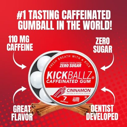 KickBallz Cinnamon Energie-Kaugummi mit Koffein | Extra Stark - 110 mg pro Gummikugel | Schnelle Energie | Erfrischt den Atem | Null Zucker | Glutenfrei | Hergestellt in den USA | 3 Dosen (21 Stück)