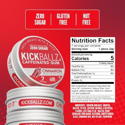 KickBallz Cinnamon Energie-Kaugummi mit Koffein | Extra Stark - 110 mg pro Gummikugel | Schnelle Energie | Erfrischt den Atem | Null Zucker | Glutenfrei | Hergestellt in den USA | 3 Dosen (21 Stück)