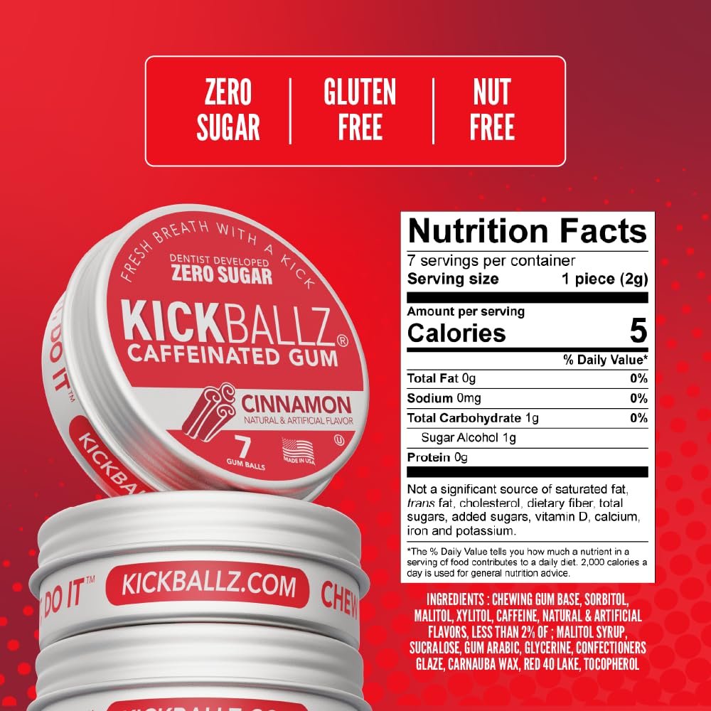 KickBallz Cinnamon Energie-Kaugummi mit Koffein | Extra Stark - 110 mg pro Gummikugel | Schnelle Energie | Erfrischt den Atem | Null Zucker | Glutenfrei | Hergestellt in den USA | 3 Dosen (21 Stück)