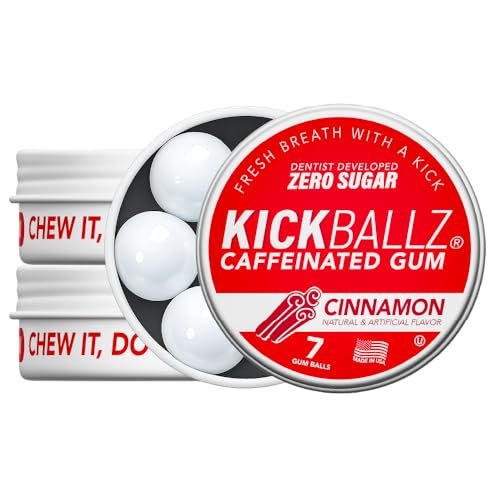 KickBallz Cinnamon Energie-Kaugummi mit Koffein | Extra Stark - 110 mg pro Gummikugel | Schnelle Energie | Erfrischt den Atem | Null Zucker | Glutenfrei | Hergestellt in den USA | 3 Dosen (21 Stück)