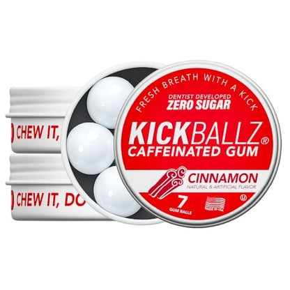 KickBallz Cinnamon Energie-Kaugummi mit Koffein | Extra Stark - 110 mg pro Gummikugel | Schnelle Energie | Erfrischt den Atem | Null Zucker | Glutenfrei | Hergestellt in den USA | 3 Dosen (21 Stück)