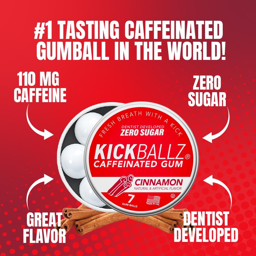 KickBallz Cinnamon Energie-Kaugummi mit Koffein | Extra Stark - 110 mg pro Gummikugel | Schnelle Energie | Erfrischt den Atem | Null Zucker | Glutenfrei | Hergestellt in den USA | 3 Dosen (21 Stück)