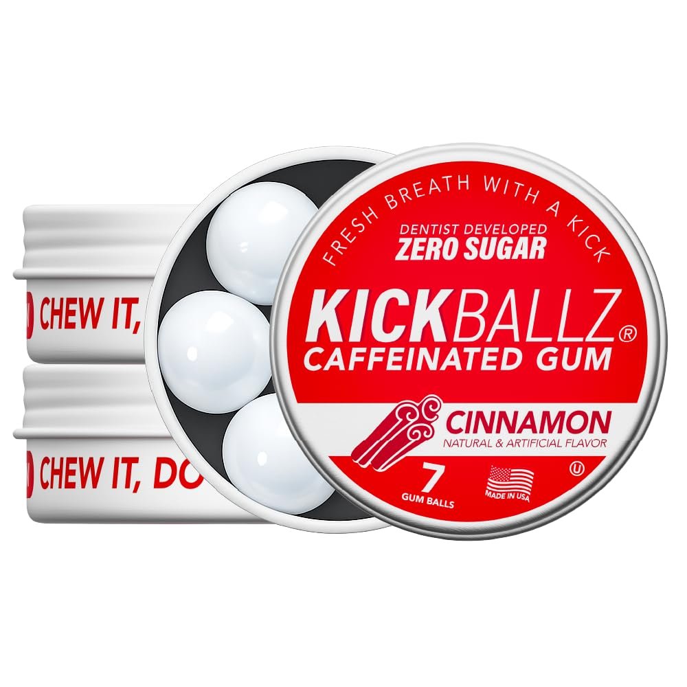 KickBallz Cinnamon Energie-Kaugummi mit Koffein | Extra Stark - 110 mg pro Gummikugel | Schnelle Energie | Erfrischt den Atem | Null Zucker | Glutenfrei | Hergestellt in den USA | 3 Dosen (21 Stück)