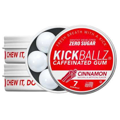 KickBallz Cinnamon Energie-Kaugummi mit Koffein | Extra Stark - 110 mg pro Gummikugel | Schnelle Energie | Erfrischt den Atem | Null Zucker | Glutenfrei | Hergestellt in den USA | 3 Dosen (21 Stück)