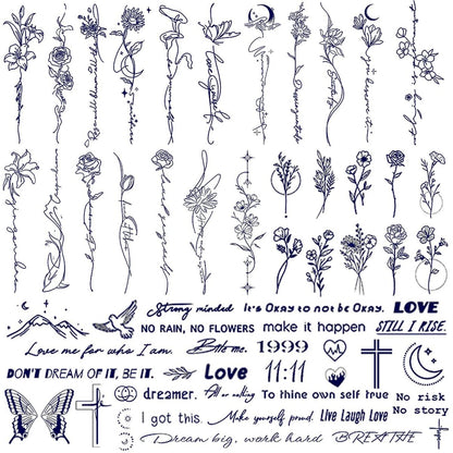 CHARLENT Semi-Permanente Tätowierungen für Erwachsene – 2 Wochen haltbare kleine Blumen-Wörter-Tattoos für Frauen Männer Hand Hals Körper / Verblassen natürlich / Kein Glanz / Wasserfest / Realistisch, Minimalistische Linienkunst