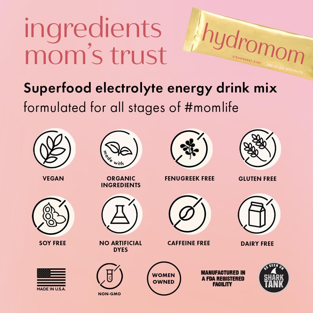 Boobie Hydromom Superfood Electrolyte Drink Mix, Erdbeer-Kiwi | Erfrischende Energie & Hydration für Mamas | Für Schwangerschaft, Stillzeit & danach, 10 Portionsbeutel