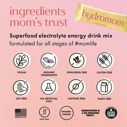Boobie Hydromom Superfood Electrolyte Drink Mix, Erdbeer-Kiwi | Erfrischende Energie & Hydration für Mamas | Für Schwangerschaft, Stillzeit & danach, 10 Portionsbeutel