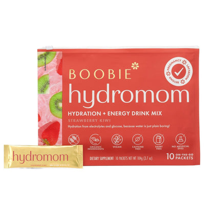 Boobie Hydromom Superfood Electrolyte Drink Mix, Erdbeer-Kiwi | Erfrischende Energie & Hydration für Mamas | Für Schwangerschaft, Stillzeit & danach, 10 Portionsbeutel