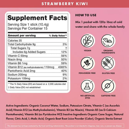 Boobie Hydromom Superfood Electrolyte Drink Mix, Erdbeer-Kiwi | Erfrischende Energie & Hydration für Mamas | Für Schwangerschaft, Stillzeit & danach, 10 Portionsbeutel