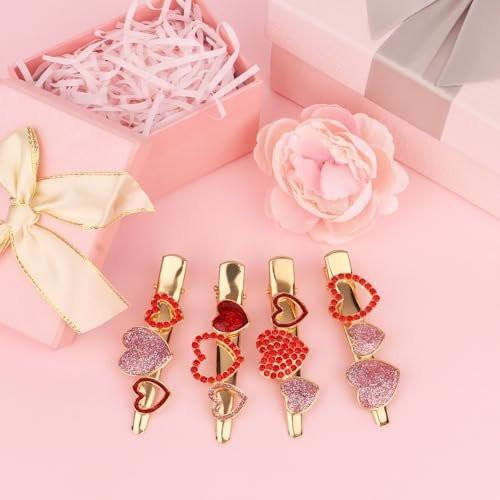 CURASA 4er-Set Herzförmige Metal-Haarspangen für Frauen und Mädchen – Valentinstag-Clips in Pink und Rot mit Glitzer, Strass und Herz-Design – Süße Duckbill-Haarklammern für Partys und Geschenke