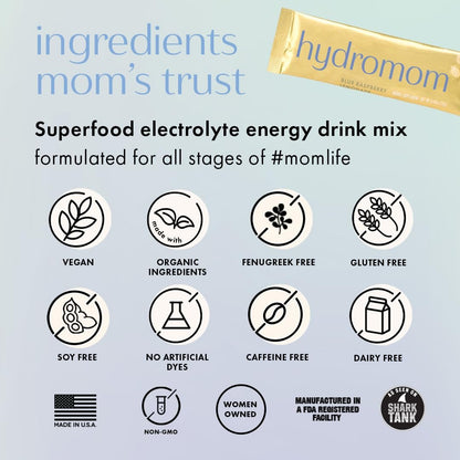 Boobie Hydromom Superfood Electrolyte Drink Mix, Blaubeer-Zitronen-Limonade | Erfrischender Energie- und Hydratations-Boost für Mamas | Für Schwangerschaft, Stillzeit & darüber hinaus, 10 Portionsbeutel
