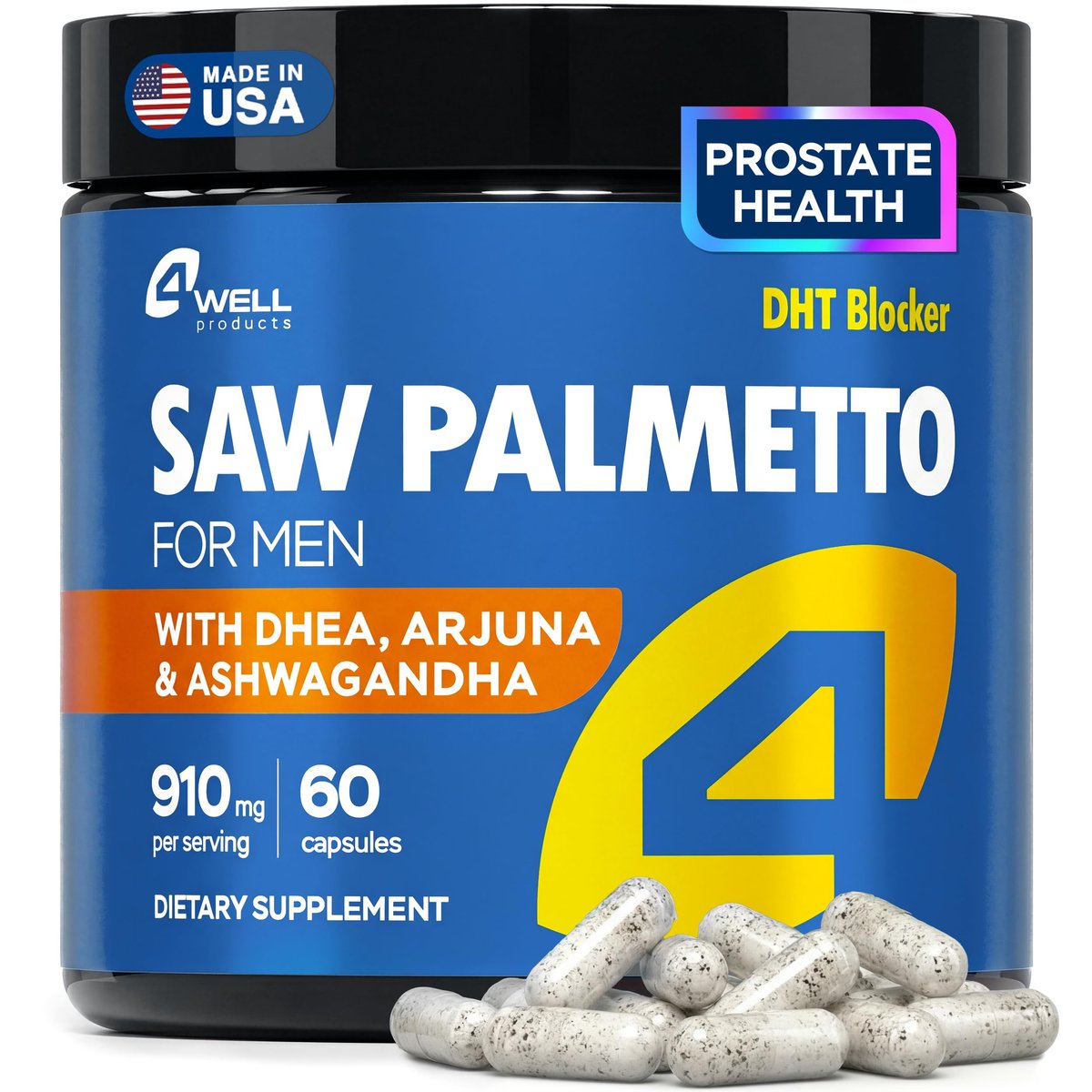 4Well Products Sägepalme für Männer & Prostata-Gesundheit mit Arjuna-Extrakt – Fortschrittliche Formel mit Sägepalme & Arjuna-Rindenextrakt, DHEA & Ashwagandha 900 mg – DHT-Blocker zur Haarunterstützung