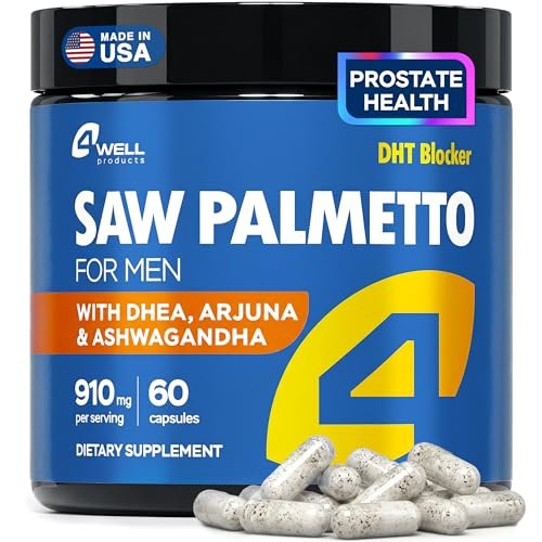 4Well Products Sägepalme für Männer & Prostata-Gesundheit mit Arjuna-Extrakt – Fortschrittliche Formel mit Sägepalme & Arjuna-Rindenextrakt, DHEA & Ashwagandha 900 mg – DHT-Blocker zur Haarunterstützung