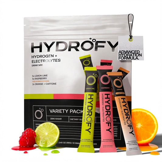 Hydrofy Hydrogen Wasser + Elektrolyte Trinkmischung - Sortenpaket | H2 Hydrationsbeutel mit molekularem Wasserstoff, Natrium, Kalium, Magnesium | Zitrone-Limette, Himbeere, Orange + Koffein | 12 Stück