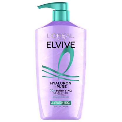 L'Oreal Paris Elvive Hyaluron + Pure 72H Reinigendes Shampoo für fettiges Haar, Klärendes Shampoo mit Salicylsäure und Hyaluronsäure, 28 Fl Oz