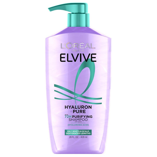 L'Oreal Paris Elvive Hyaluron + Pure 72H Reinigendes Shampoo für fettiges Haar, Klärendes Shampoo mit Salicylsäure und Hyaluronsäure, 28 Fl Oz
