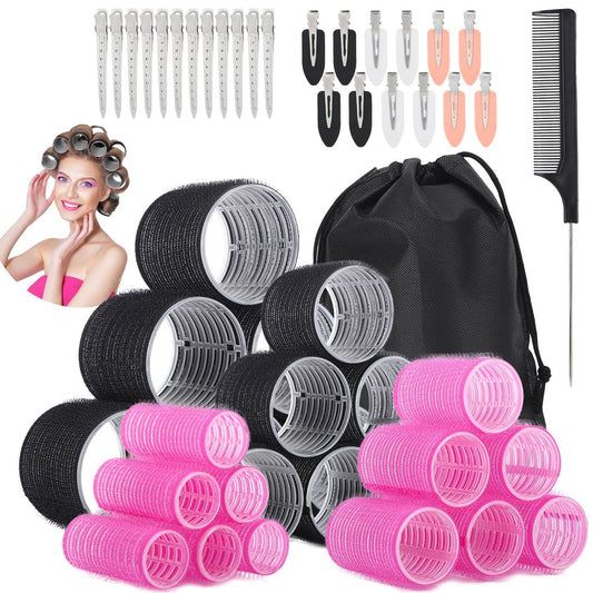 50-teiliges Haarroller-Set, selbsthaftende Lockenwickler für lange, mittlere und kurze Haare, 4 Größen (6 Jumbo + 6 Große + 6 Mittlere + 6 Kleine + 1 Aufbewahrungstasche), 24 Clips und 1 Kamm
