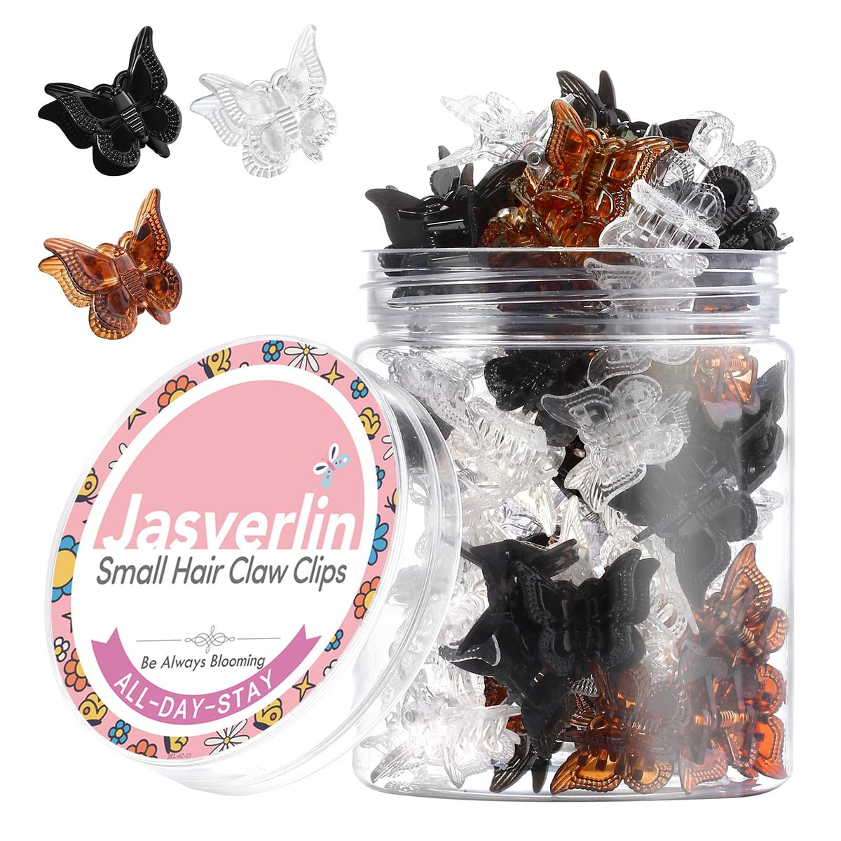 JASVERLIN Mini Butterfly Haarspangen, 50 Stück Schwarz Braun Transparent, Kleine Klammern für Frauen Mädchen Pony, Kleine Schmetterlingsklammern oder Feines Kurzes Haar Bulk (Classic)