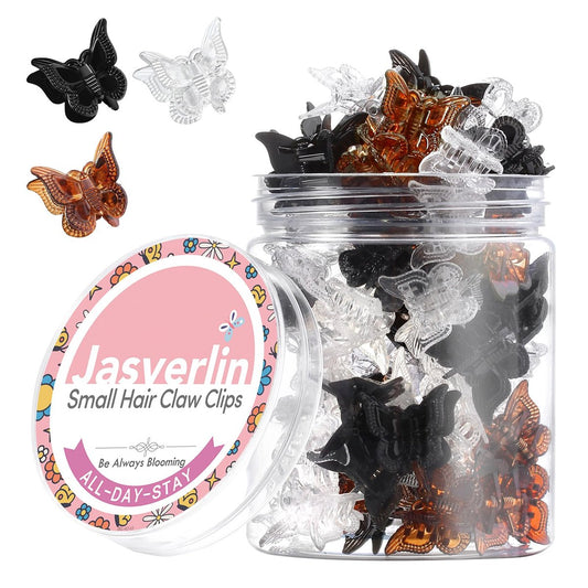 JASVERLIN Mini Butterfly Haarspangen, 50 Stück Schwarz Braun Transparent, Kleine Klammern für Frauen Mädchen Pony, Kleine Schmetterlingsklammern oder Feines Kurzes Haar Bulk (Classic)