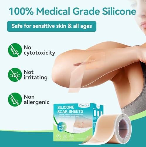 Dimora Medizinisches Silikon-Narbenpflaster – Ultrawelche Silikon-Narbenband (1,6" x 60" Rolle), hypoallergen, zur Narbenentfernung nach Operationen, Kaiserschnitt, Bauchdeckenstraffung, Keloidbehandlung