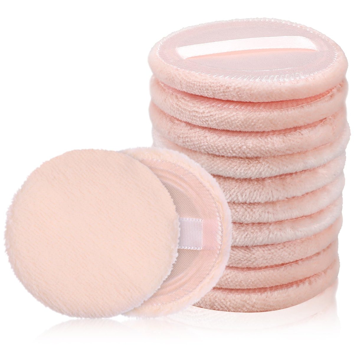 12 Stück runde Velour-Gesichts-Makeup-Puderpads, 6 cm, Puderquasten mit Band, für losen Puder und Fixierpuder