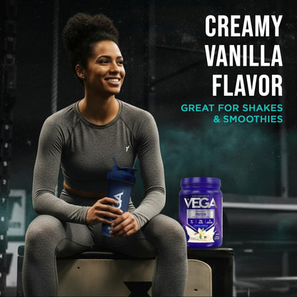 Vega Essential Protein – 25g veganes Proteinpulver, cremiges Vanille, zuckerfreier Shake – kleiner Behälter, 459 g (10 Portionen)