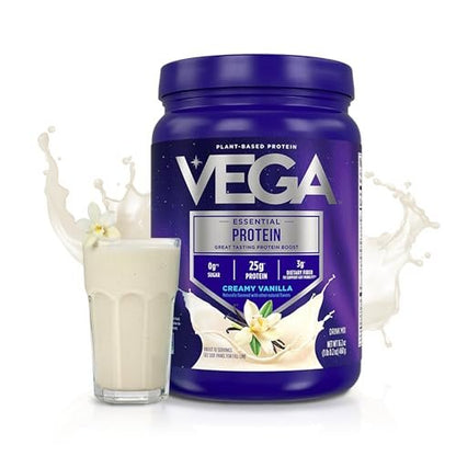 Vega Essential Protein – 25g veganes Proteinpulver, cremiges Vanille, zuckerfreier Shake – kleiner Behälter, 459 g (10 Portionen)