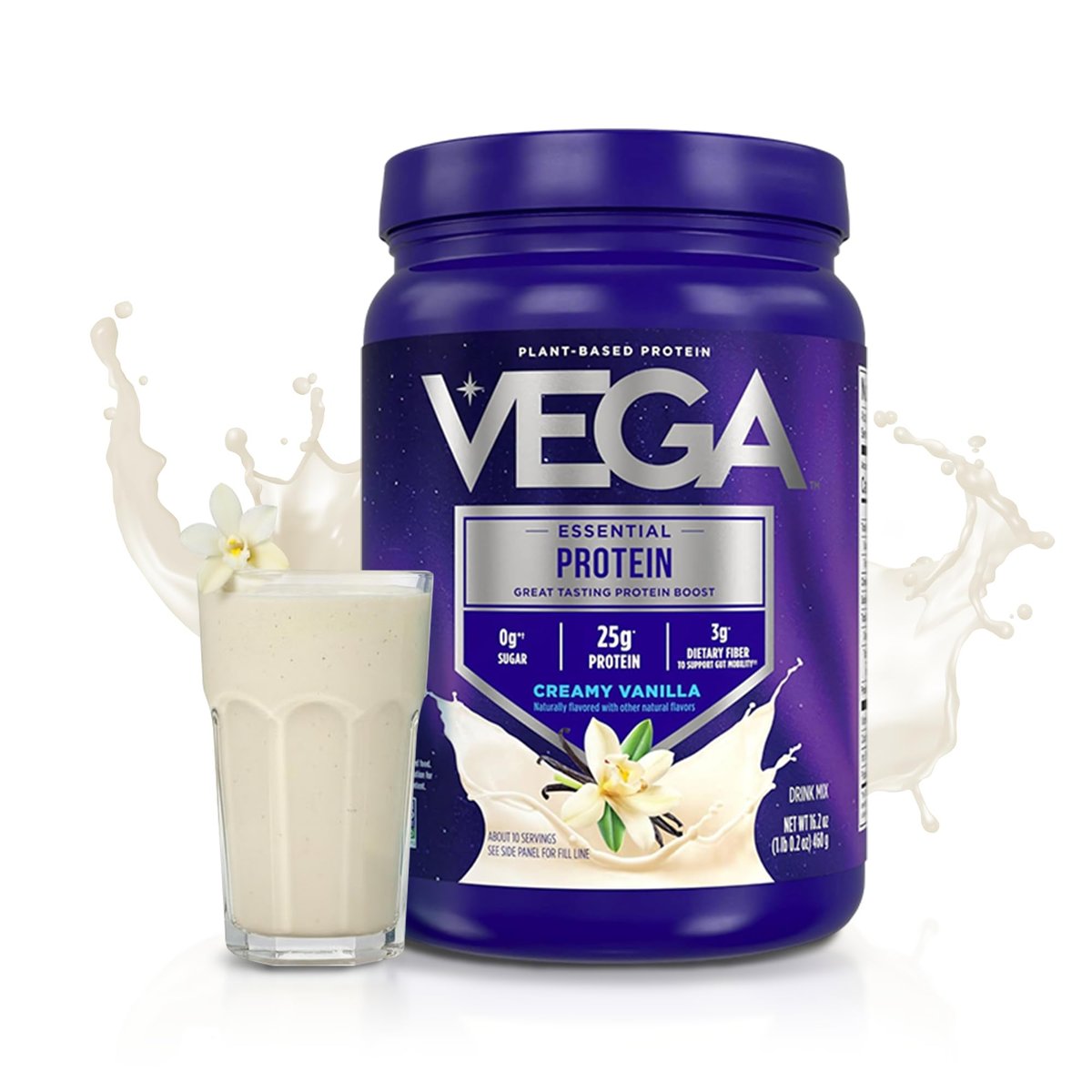 Vega Essential Protein – 25g veganes Proteinpulver, cremiges Vanille, zuckerfreier Shake – kleiner Behälter, 459 g (10 Portionen)