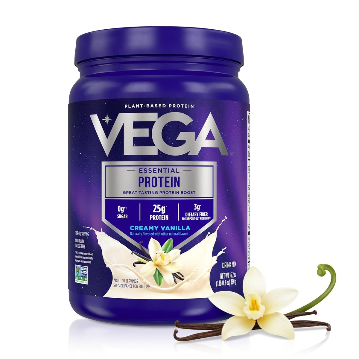 Vega Essential Protein – 25g veganes Proteinpulver, cremiges Vanille, zuckerfreier Shake – kleiner Behälter, 459 g (10 Portionen)