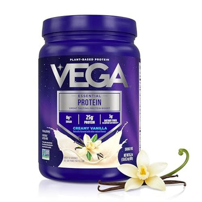 Vega Essential Protein – 25g veganes Proteinpulver, cremiges Vanille, zuckerfreier Shake – kleiner Behälter, 459 g (10 Portionen)
