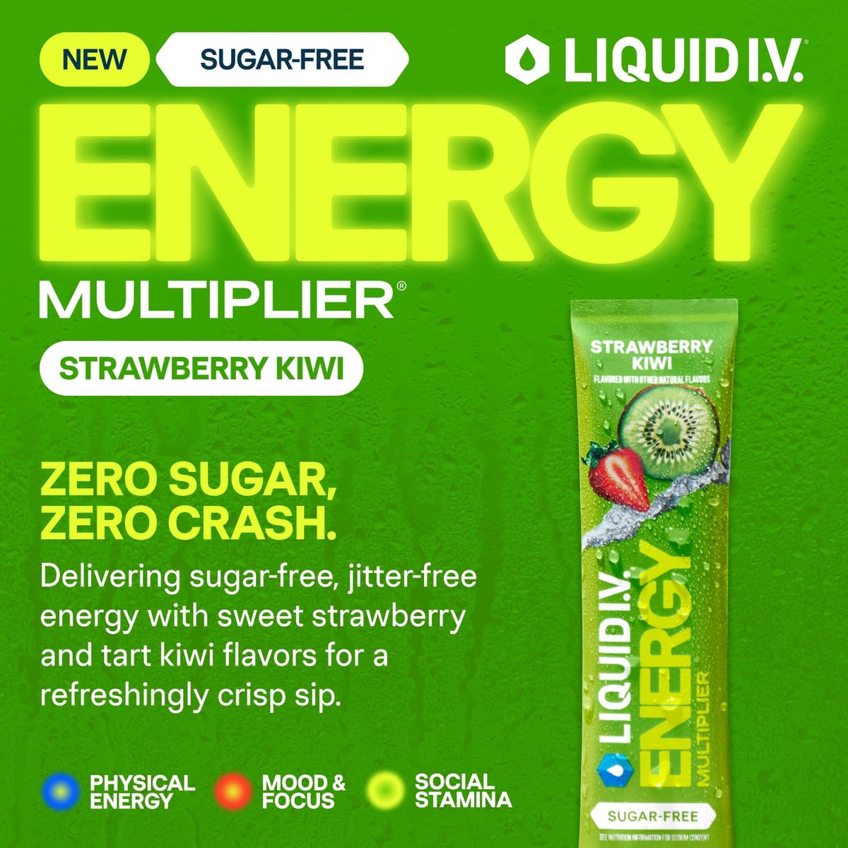 Liquid I.V.® Hydration Multiplier Zuckerfrei + Energy – Erdbeer-Kiwi | Elektrolyt-Pulver-Mix | 1 Packung (14 Portionen)