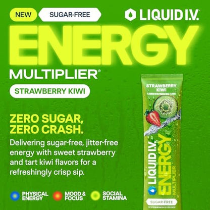 Liquid I.V.® Hydration Multiplier Zuckerfrei + Energy – Erdbeer-Kiwi | Elektrolyt-Pulver-Mix | 1 Packung (14 Portionen)