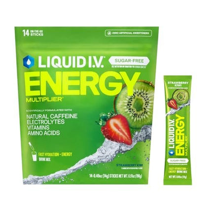 Liquid I.V.® Hydration Multiplier Zuckerfrei + Energy – Erdbeer-Kiwi | Elektrolyt-Pulver-Mix | 1 Packung (14 Portionen)