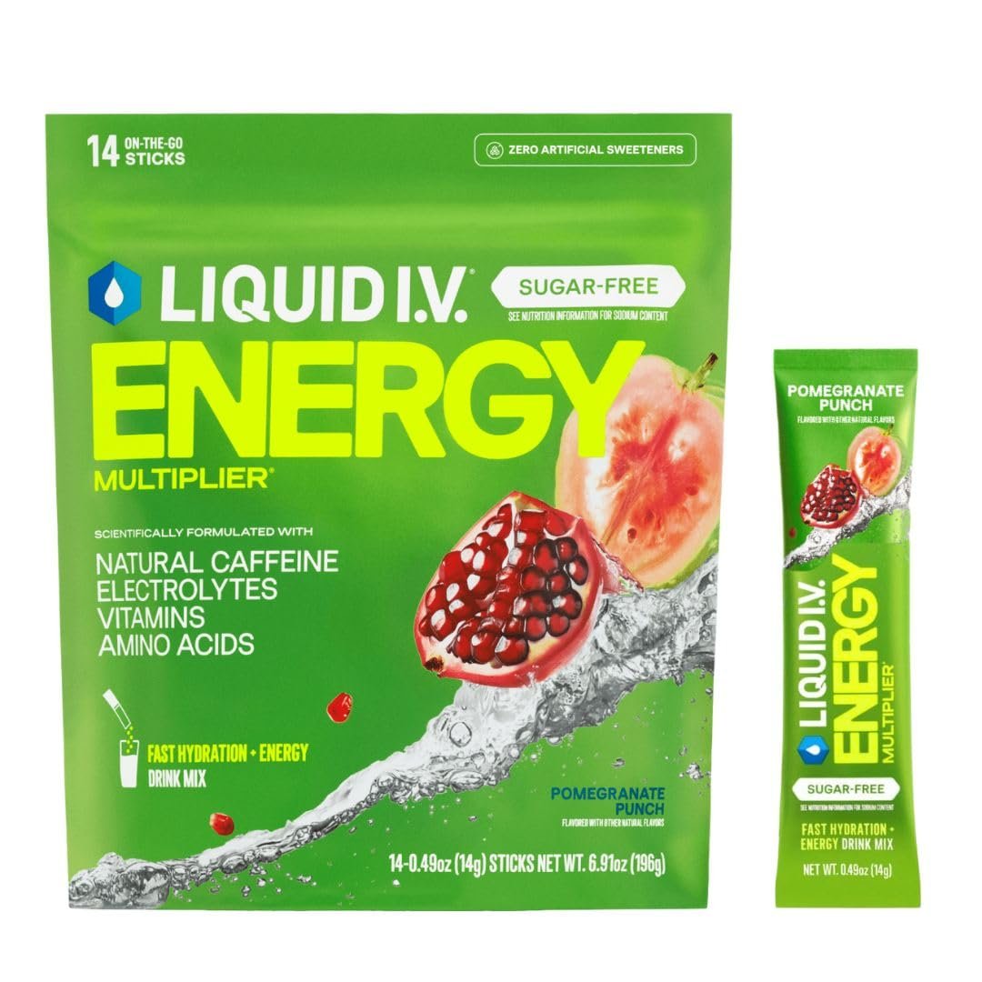 Liquid I.V.® Hydration Multiplier Sugar Free + Energy – Granatapfel Punsch | Elektrolyt-Pulver für Getränke | 1 Packung (14 Portionen)