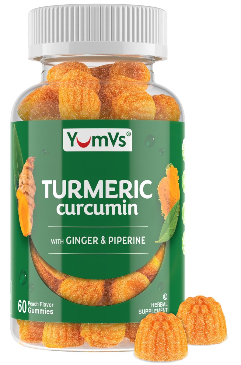 YUM-V'S Curcumin-Turmeric-Gummis – Extra Stark 250mg mit Schwarzem Pfeffer & Ingwer – Vegan & Non-GMO – Pfirsichgeschmack, 60 Stück