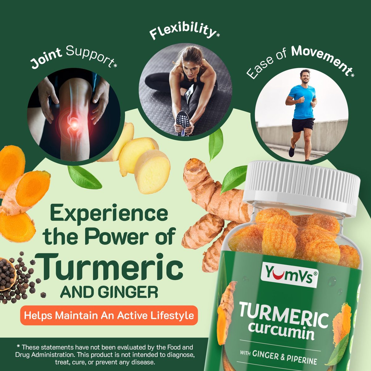 YUM-V'S Curcumin-Turmeric-Gummis – Extra Stark 250mg mit Schwarzem Pfeffer & Ingwer – Vegan & Non-GMO – Pfirsichgeschmack, 60 Stück